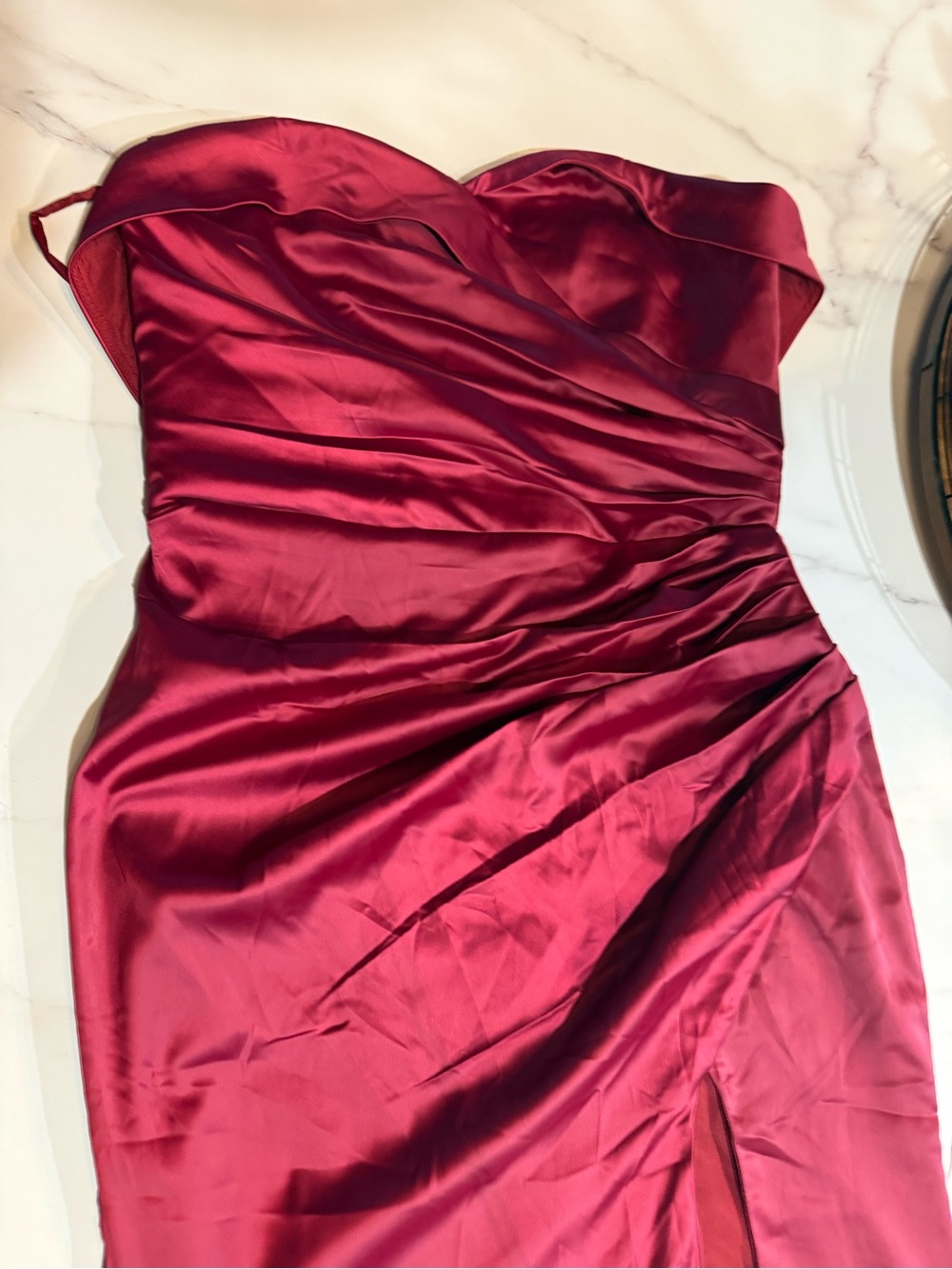 Strapless Satin Ruched Evening Dress in Deep Wine